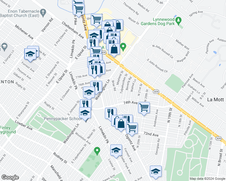 map of restaurants, bars, coffee shops, grocery stores, and more near 7468 Briar Road in Philadelphia