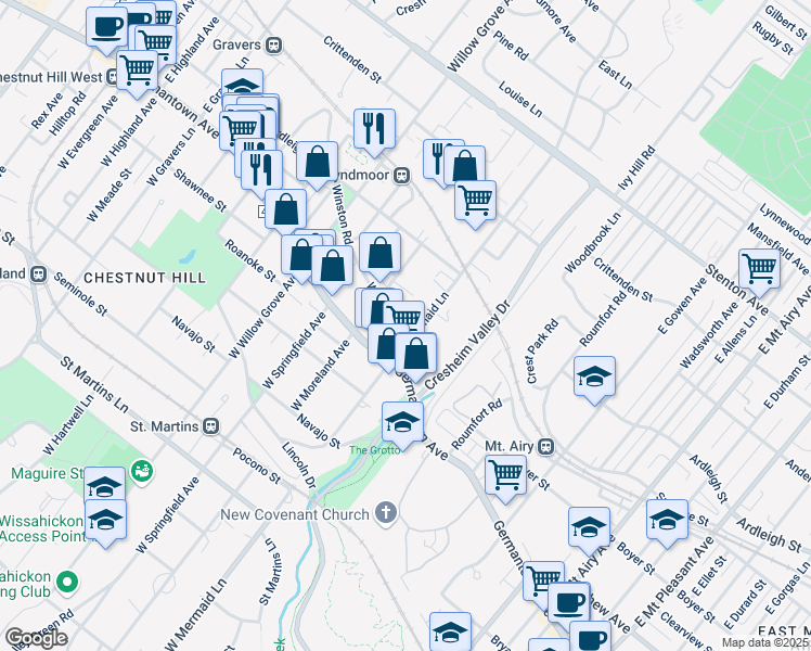 map of restaurants, bars, coffee shops, grocery stores, and more near 43 East Mermaid Lane in Philadelphia