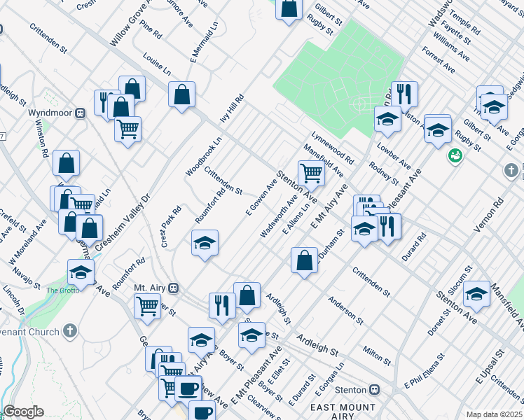 map of restaurants, bars, coffee shops, grocery stores, and more near 374 East Gowen Avenue in Philadelphia
