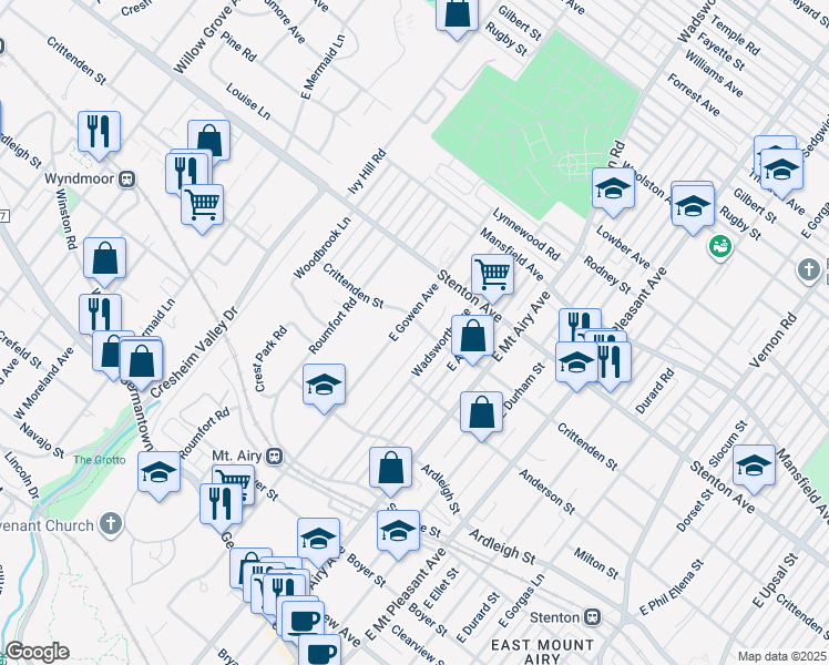 map of restaurants, bars, coffee shops, grocery stores, and more near 374 East Gowen Avenue in Philadelphia