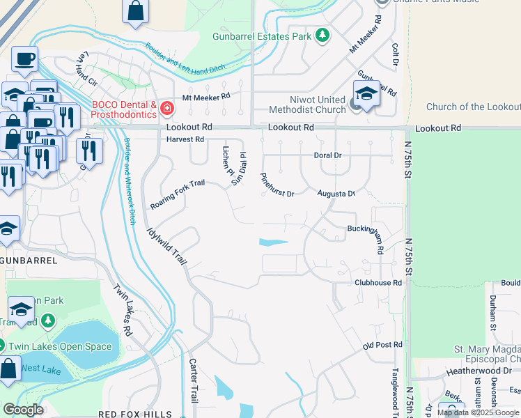 map of restaurants, bars, coffee shops, grocery stores, and more near 5243 Quail Hollow Court in Boulder