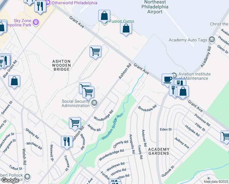 map of restaurants, bars, coffee shops, grocery stores, and more near 9470 Ashton Road in Philadelphia