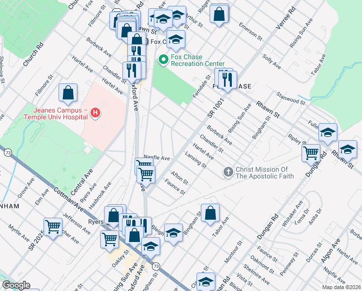 map of restaurants, bars, coffee shops, grocery stores, and more near 7737 Ferndale Street in Philadelphia