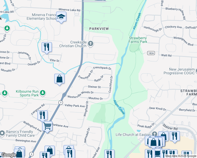 map of restaurants, bars, coffee shops, grocery stores, and more near 3506 Headford Court in Columbus