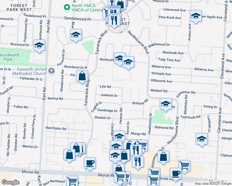 map of restaurants, bars, coffee shops, grocery stores, and more near 1941 Lyle Road in Columbus