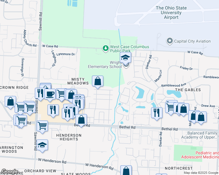 map of restaurants, bars, coffee shops, grocery stores, and more near 2468 Maxim Lane in Columbus