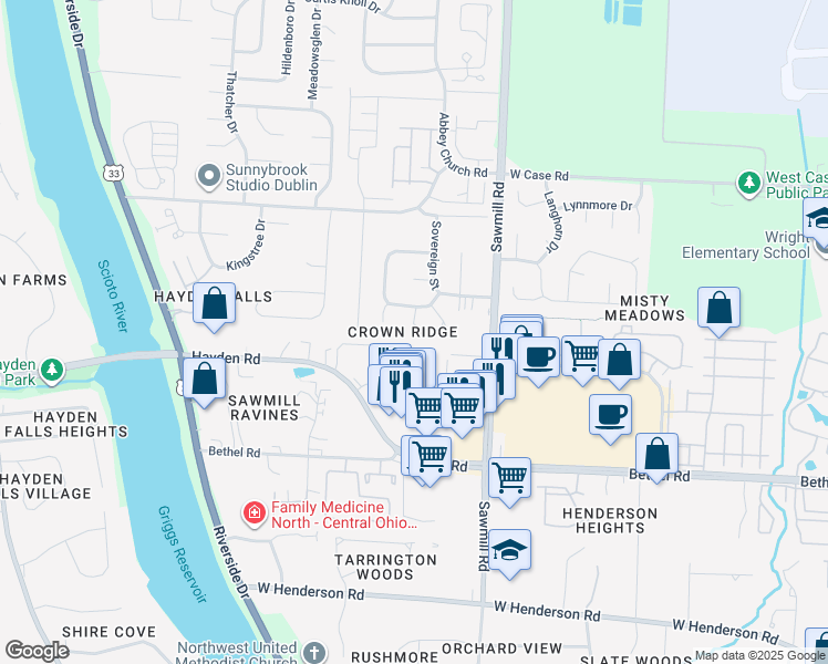 map of restaurants, bars, coffee shops, grocery stores, and more near 5627 Longbow Lane in Columbus