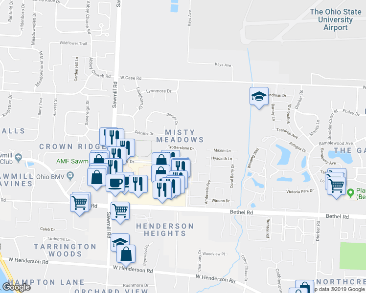 map of restaurants, bars, coffee shops, grocery stores, and more near 2606 Trotterslane Drive in Columbus
