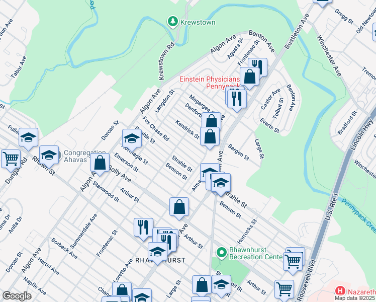 map of restaurants, bars, coffee shops, grocery stores, and more near 1819 Fox Chase Road in Philadelphia