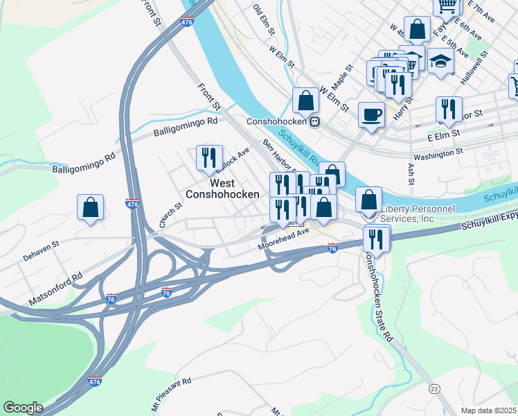 map of restaurants, bars, coffee shops, grocery stores, and more near 12 Cedar Ave in West Conshohocken