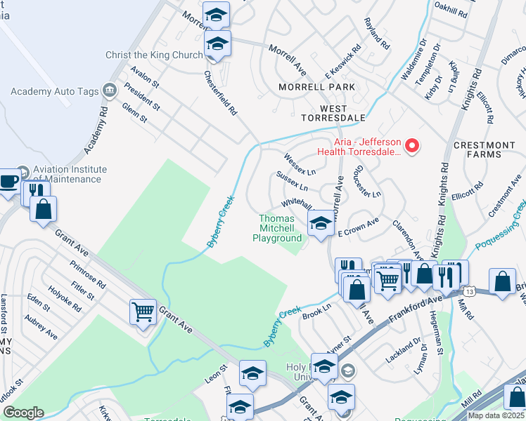 map of restaurants, bars, coffee shops, grocery stores, and more near 3667 Chesterfield Road in Philadelphia