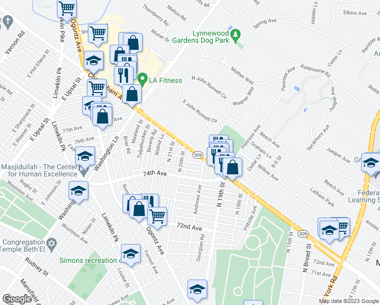 map of restaurants, bars, coffee shops, grocery stores, and more near 1992 West Cheltenham Avenue in Philadelphia