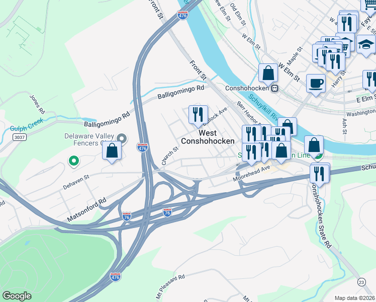 map of restaurants, bars, coffee shops, grocery stores, and more near 521 Bullock Avenue in Conshohocken