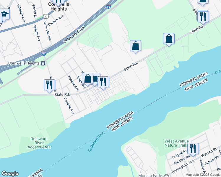 map of restaurants, bars, coffee shops, grocery stores, and more near 122 Alexandria Street in Bucks County