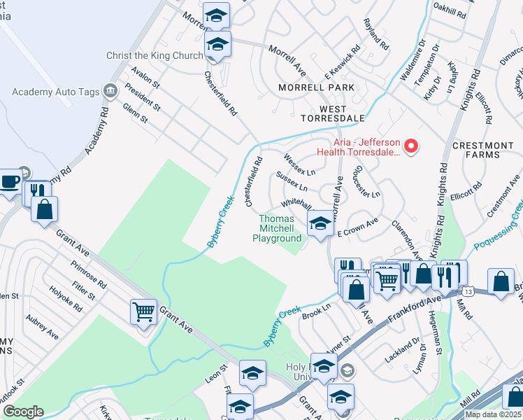 map of restaurants, bars, coffee shops, grocery stores, and more near 3665 Chesterfield Road in Philadelphia