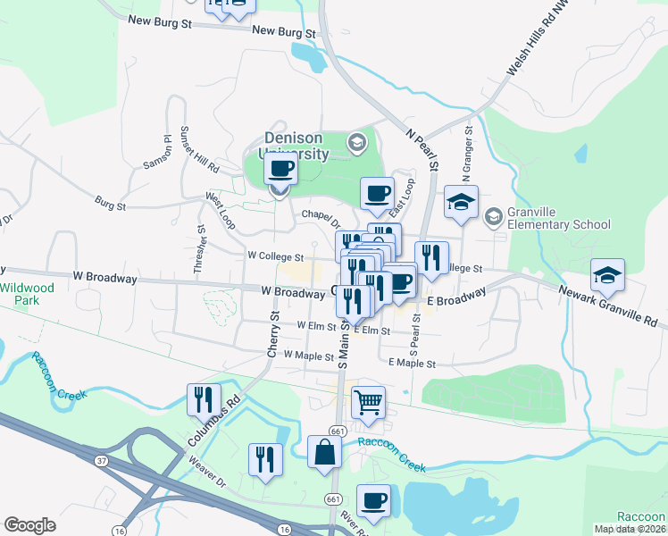 map of restaurants, bars, coffee shops, grocery stores, and more near 204 North Mulberry Street in Granville