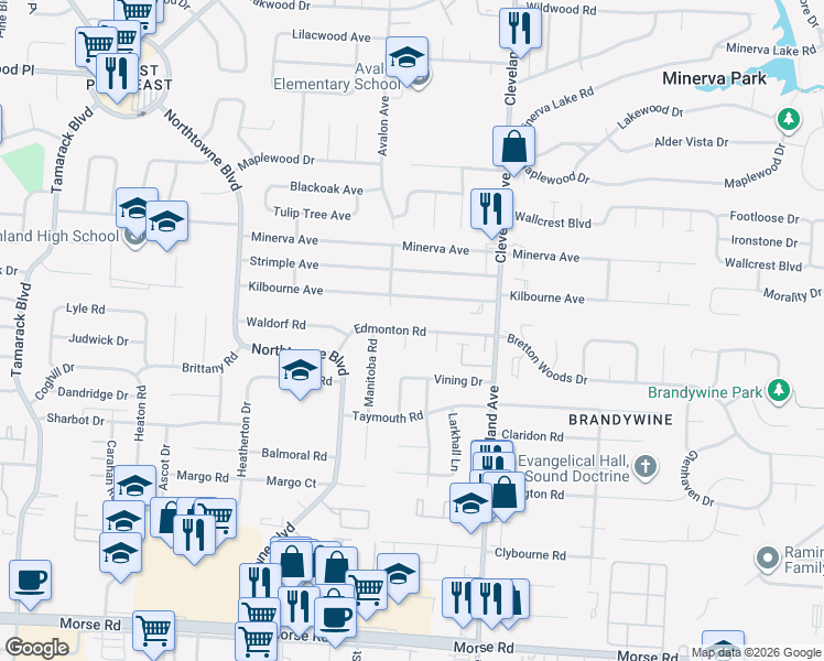 map of restaurants, bars, coffee shops, grocery stores, and more near Edmonton Road in Columbus