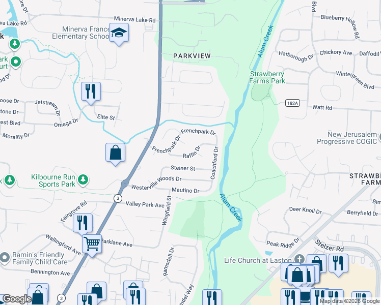 map of restaurants, bars, coffee shops, grocery stores, and more near 3506 Headford Court in Columbus