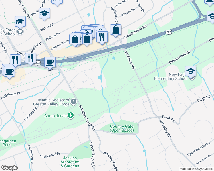 map of restaurants, bars, coffee shops, grocery stores, and more near 529 Old Forge Crossing in Devon