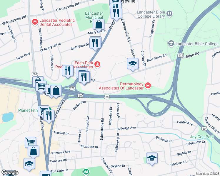 map of restaurants, bars, coffee shops, grocery stores, and more near 396 Eden Road in Lancaster