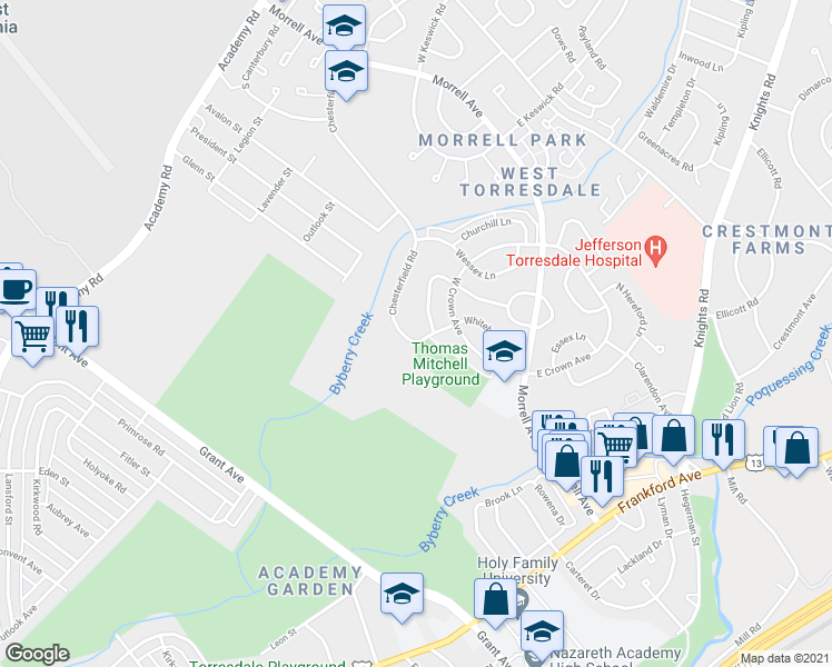 map of restaurants, bars, coffee shops, grocery stores, and more near 3665 Chesterfield Road in Philadelphia