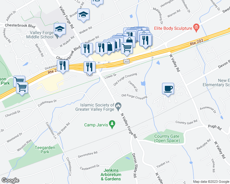 map of restaurants, bars, coffee shops, grocery stores, and more near 287 Old Forge Crossing in Devon