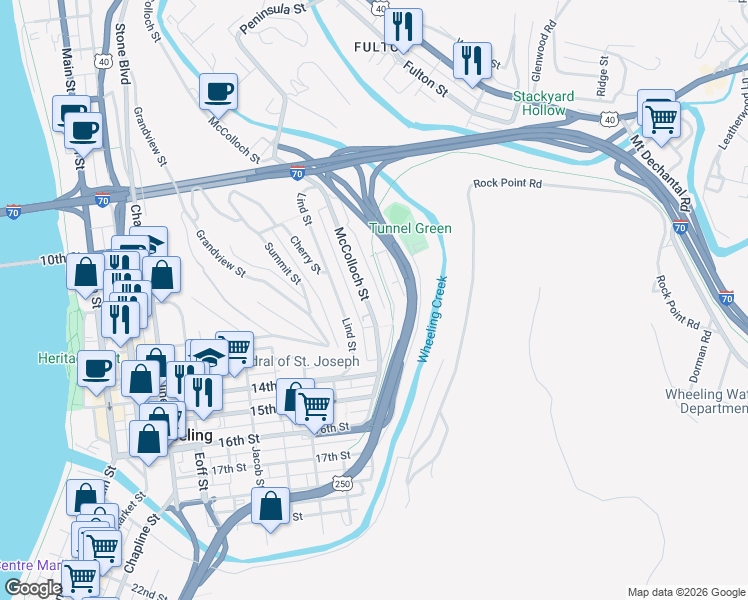 map of restaurants, bars, coffee shops, grocery stores, and more near Ln I in Wheeling