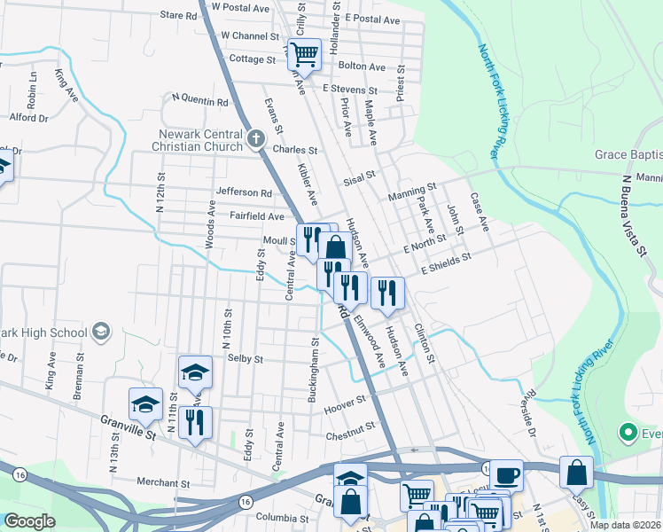 map of restaurants, bars, coffee shops, grocery stores, and more near 414 Mount Vernon Road in Newark