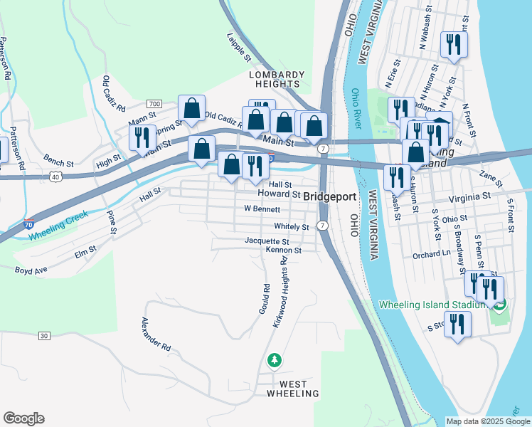 map of restaurants, bars, coffee shops, grocery stores, and more near 329 West Bennett in Bridgeport