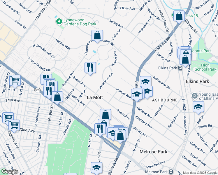 map of restaurants, bars, coffee shops, grocery stores, and more near 1608 Juniper Avenue in Elkins Park