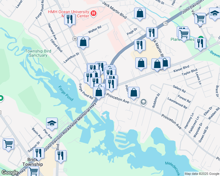 map of restaurants, bars, coffee shops, grocery stores, and more near 905 New Jersey 70 in Brick