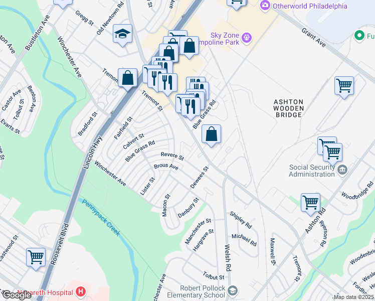 map of restaurants, bars, coffee shops, grocery stores, and more near 2630 Welsh Road in Philadelphia
