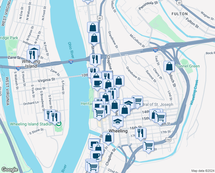 map of restaurants, bars, coffee shops, grocery stores, and more near 1042 Market Street in Wheeling