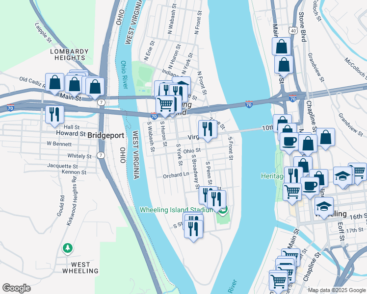 map of restaurants, bars, coffee shops, grocery stores, and more near 62 Virginia Street in Wheeling