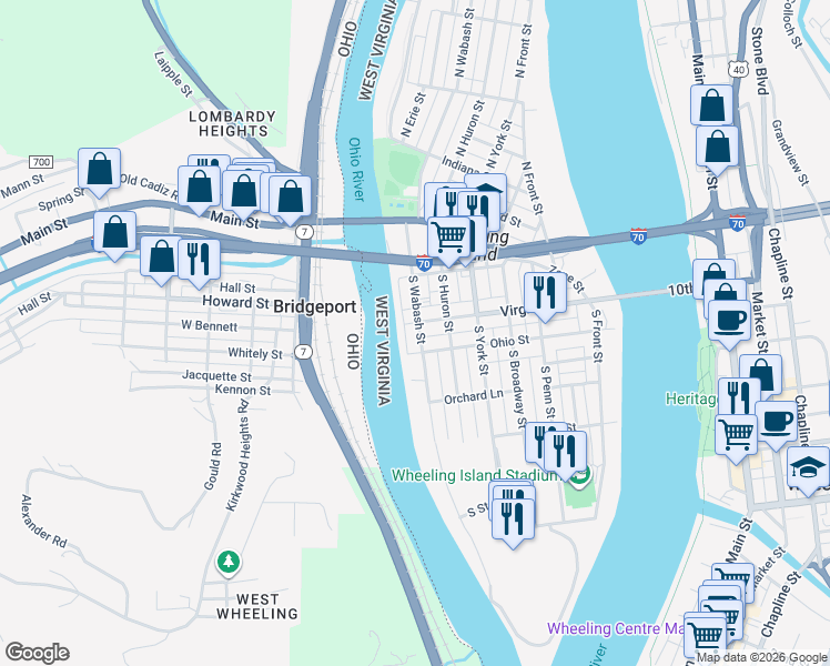 map of restaurants, bars, coffee shops, grocery stores, and more near 135 Virginia Street in Wheeling
