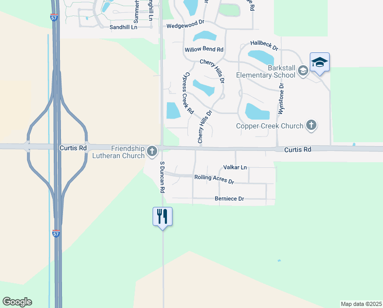 map of restaurants, bars, coffee shops, grocery stores, and more near 2803 County Road 1300 North in Champaign