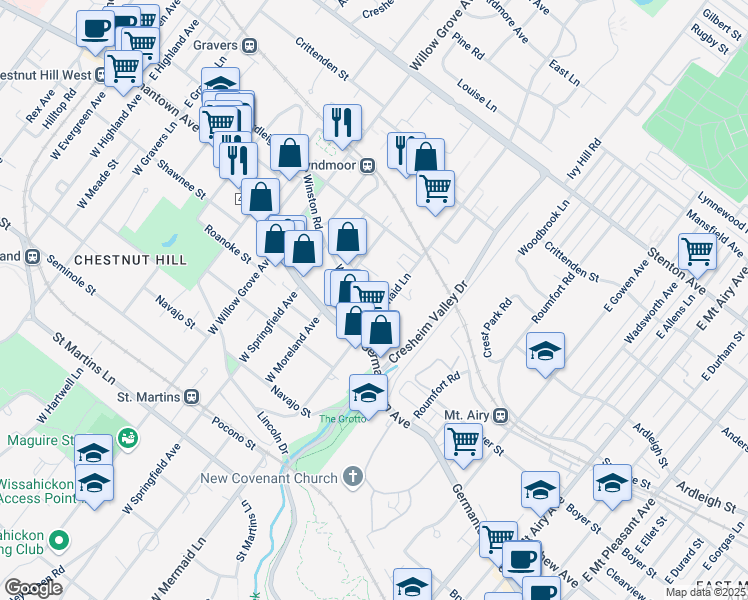 map of restaurants, bars, coffee shops, grocery stores, and more near 49 East Mermaid Lane in Philadelphia