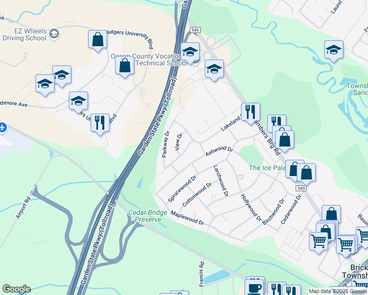 map of restaurants, bars, coffee shops, grocery stores, and more near 26 Lakeland Drive in Brick Township