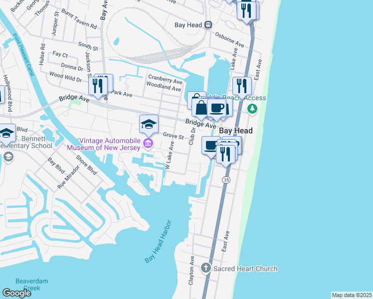 map of restaurants, bars, coffee shops, grocery stores, and more near 503 Club Drive in Bay Head