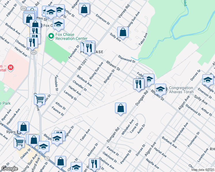 map of restaurants, bars, coffee shops, grocery stores, and more near 1111 Griffith Street in Philadelphia