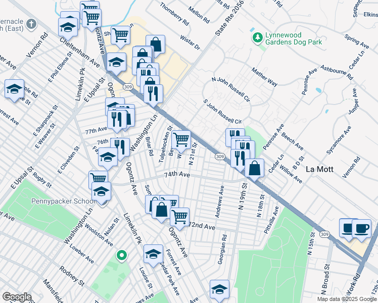 map of restaurants, bars, coffee shops, grocery stores, and more near 7506 North 21st Street in Philadelphia