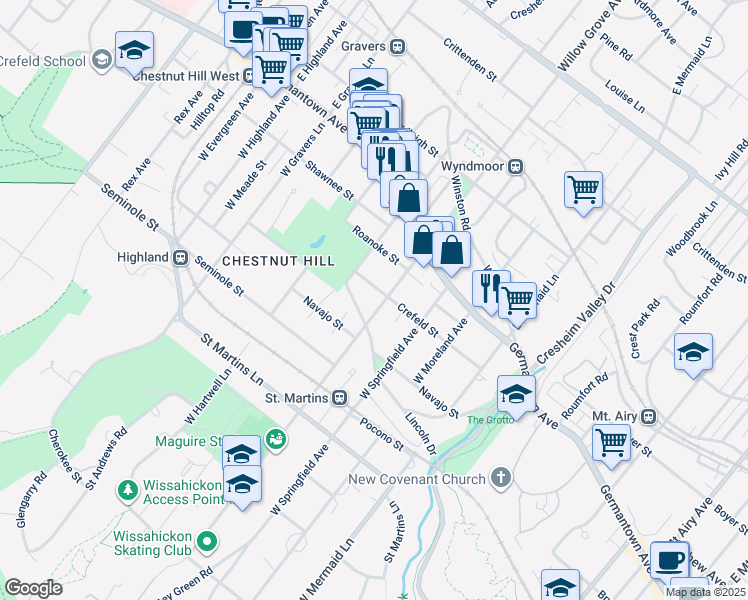 map of restaurants, bars, coffee shops, grocery stores, and more near 103 West Willow Grove Avenue in Philadelphia