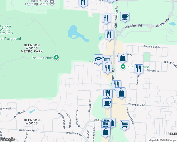 map of restaurants, bars, coffee shops, grocery stores, and more near 4117 Meadowleigh Way in Columbus