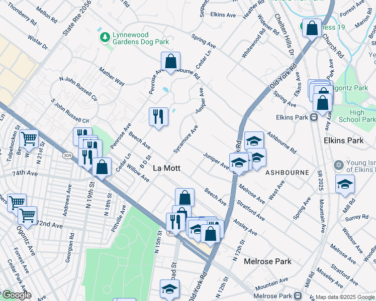 map of restaurants, bars, coffee shops, grocery stores, and more near 1610 Juniper Avenue in Elkins Park