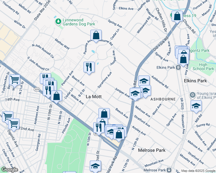 map of restaurants, bars, coffee shops, grocery stores, and more near 1608 Juniper Avenue in Elkins Park