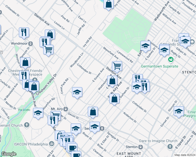 map of restaurants, bars, coffee shops, grocery stores, and more near 376 East Gowen Avenue in Philadelphia