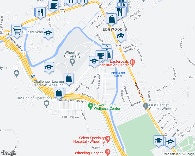 map of restaurants, bars, coffee shops, grocery stores, and more near 1308 Steenrod Avenue in Wheeling