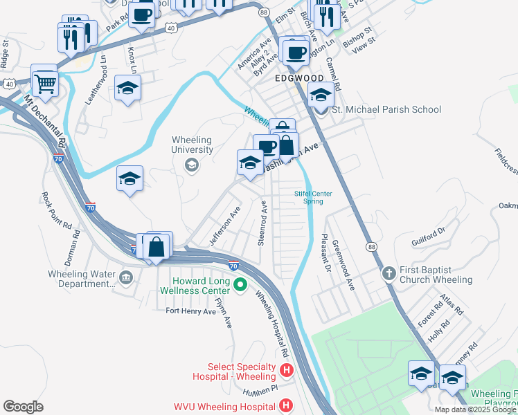 map of restaurants, bars, coffee shops, grocery stores, and more near 1308 Steenrod Avenue in Wheeling
