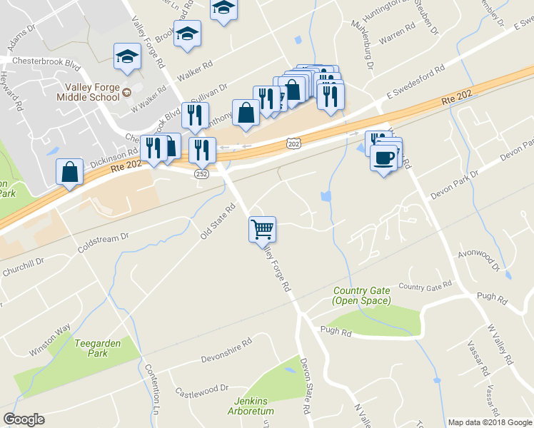 map of restaurants, bars, coffee shops, grocery stores, and more near 297 Old Forge Crossing in Devon