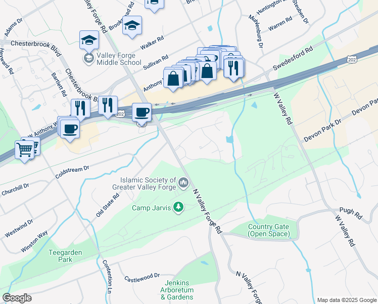 map of restaurants, bars, coffee shops, grocery stores, and more near 298 Old Forge Crossing in Devon